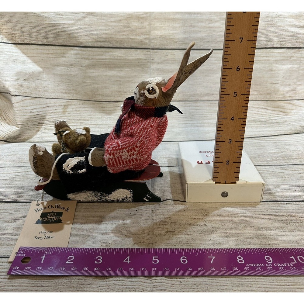 VTG Water St. Folk Art Rabbit Terry Mikec Winter Sledding Primitive w/ Bear TB9 - Picture 2 of 4